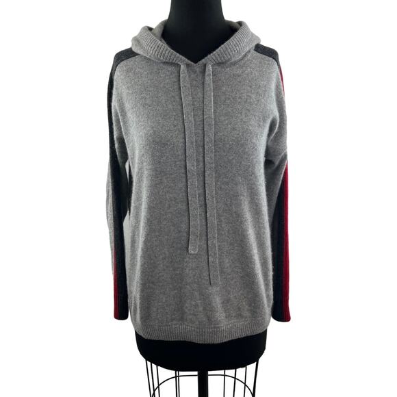MINNIE ROSE Gray Cashmere Hoodie Long Sleeve Pullover Contrast Stripe Size S - Picture 1 of 10